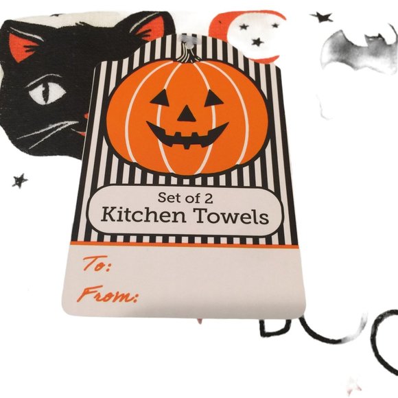 Halloween Black Cats Jack o Lantern Kitchen Towels 100% Cotton Set of 2 - Picture 3 of 5